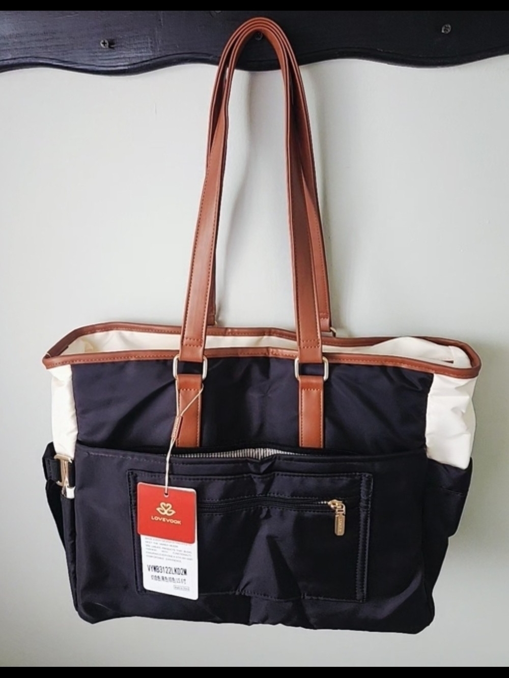 LOVEVOOK Laptop Tote Bag Large Work Bag Women Nylon Leather Trim Beige Brown - Picture 2 of 8